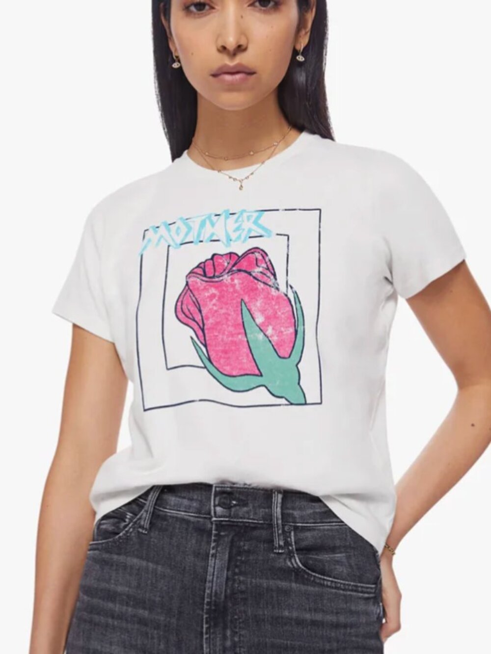 MOTHER The Cropped Itty Bitty Goodie Tee- White/Red/Green Rose- Little Bud- M